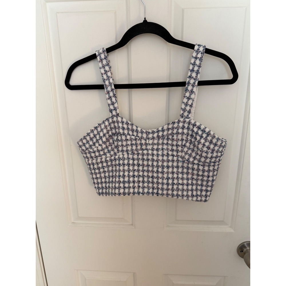 Amanda Uprichard Percy Tweed Crop Top Blue White Houndstooth Sz M